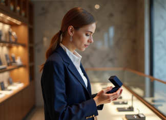 Acheter la bague du mari : qui devrait le faire ? Jeune femme examine une bague de mariage élégante en bijouterie