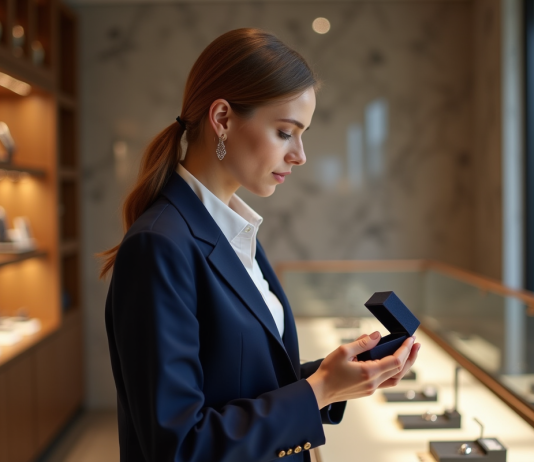 Jeune femme examine une bague de mariage élégante en bijouterie