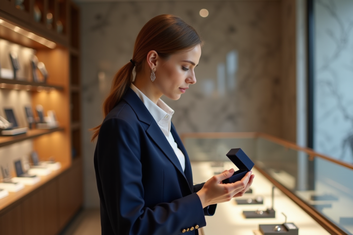 jeune-femme-bague-mariage-jewelry Jeune femme examine une bague de mariage élégante en bijouterie