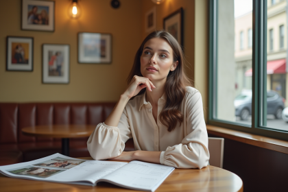 Jeune femme dans un café avec calendrier et magazine mariage