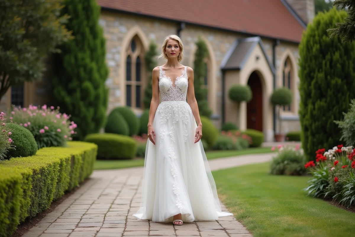 Femme en robe de mariée marchant devant une chapelle