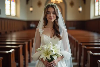Jeune femme en robe de mariée blanche dans une église