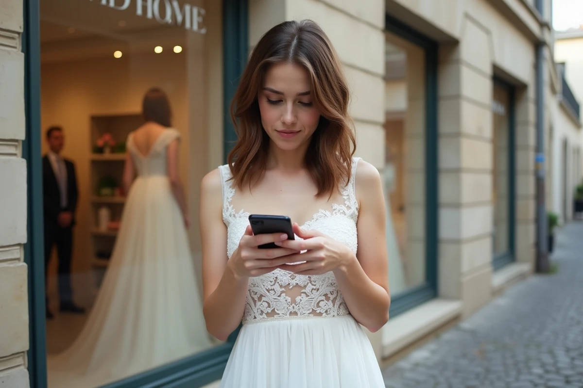 Jeune femme en robe de mariée devant boutique à Nantes