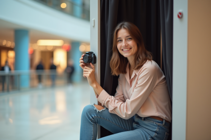 Jeune femme souriante dans un photobooth intérieur lumineux