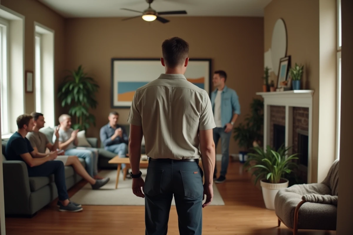 Jeune homme hésitant face à un groupe de joueurs