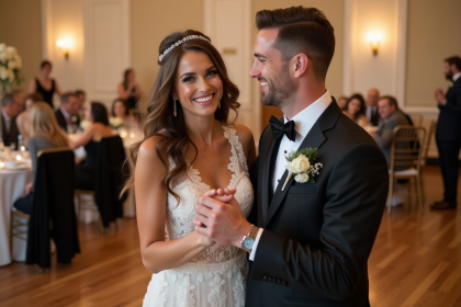 Jeune couple de mariés dansant lors d'une réception élégante