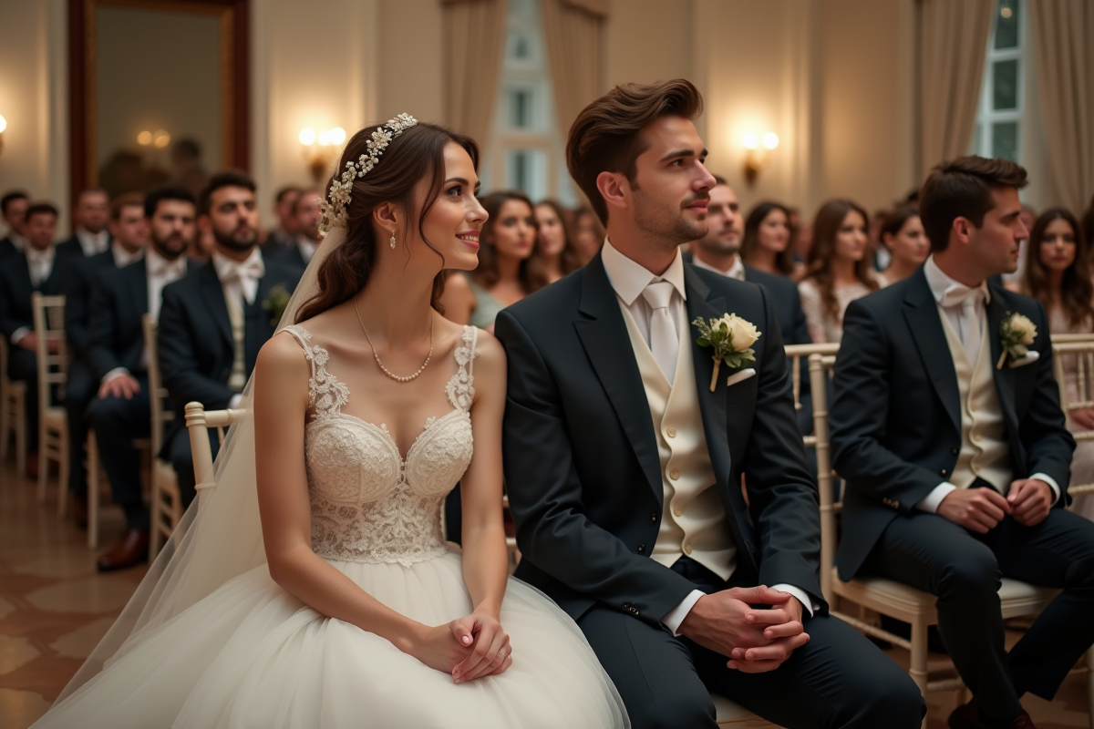 Jeune mariée et marié assis dans une salle de cérémonie élégante