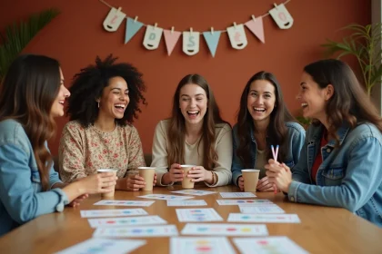 Groupe de femmes jouant à des jeux EVJF imprimés autour d'une table décorée avec cartes de quiz et accessoires de fête