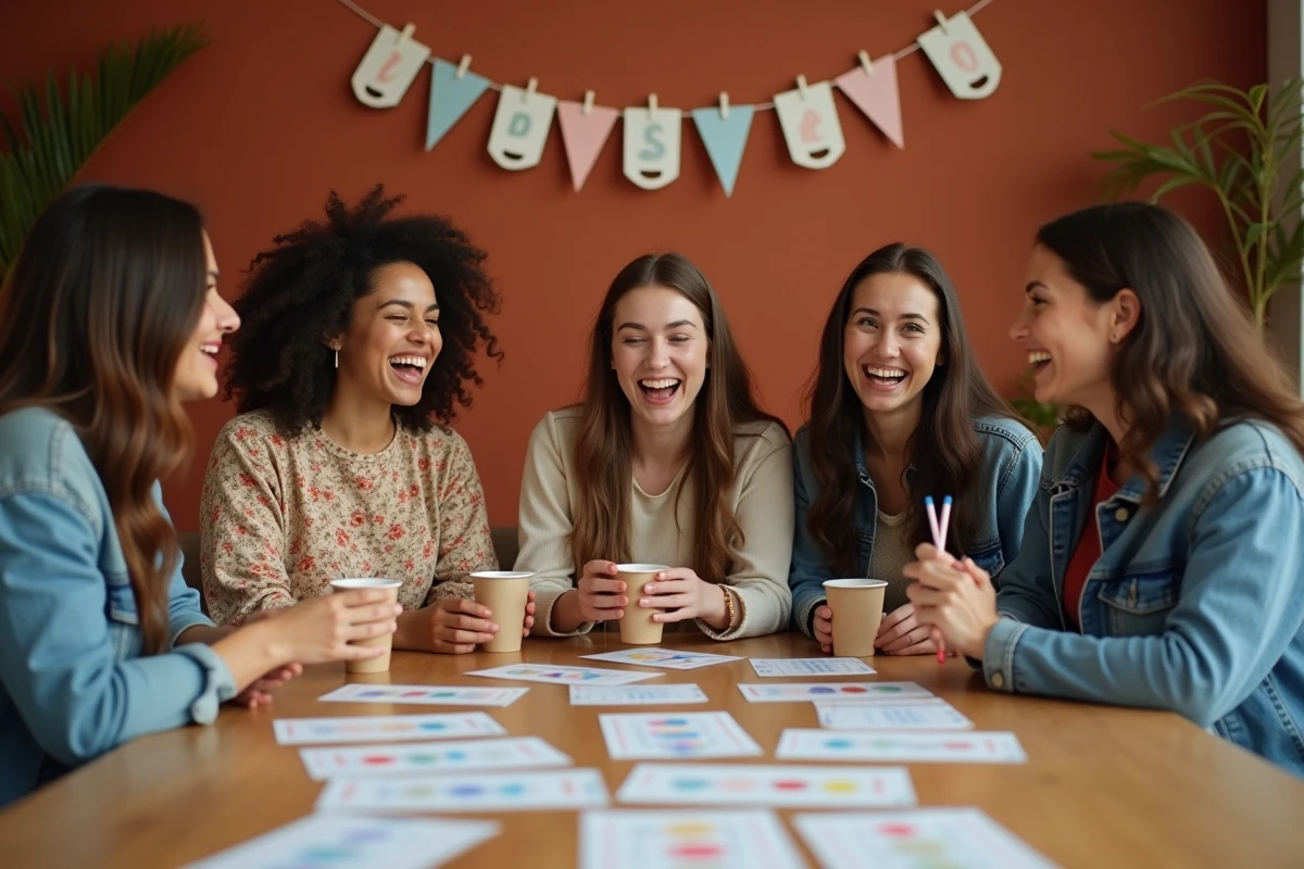 Groupe de femmes jouant à des jeux EVJF imprimés autour d'une table décorée avec cartes de quiz et accessoires de fête