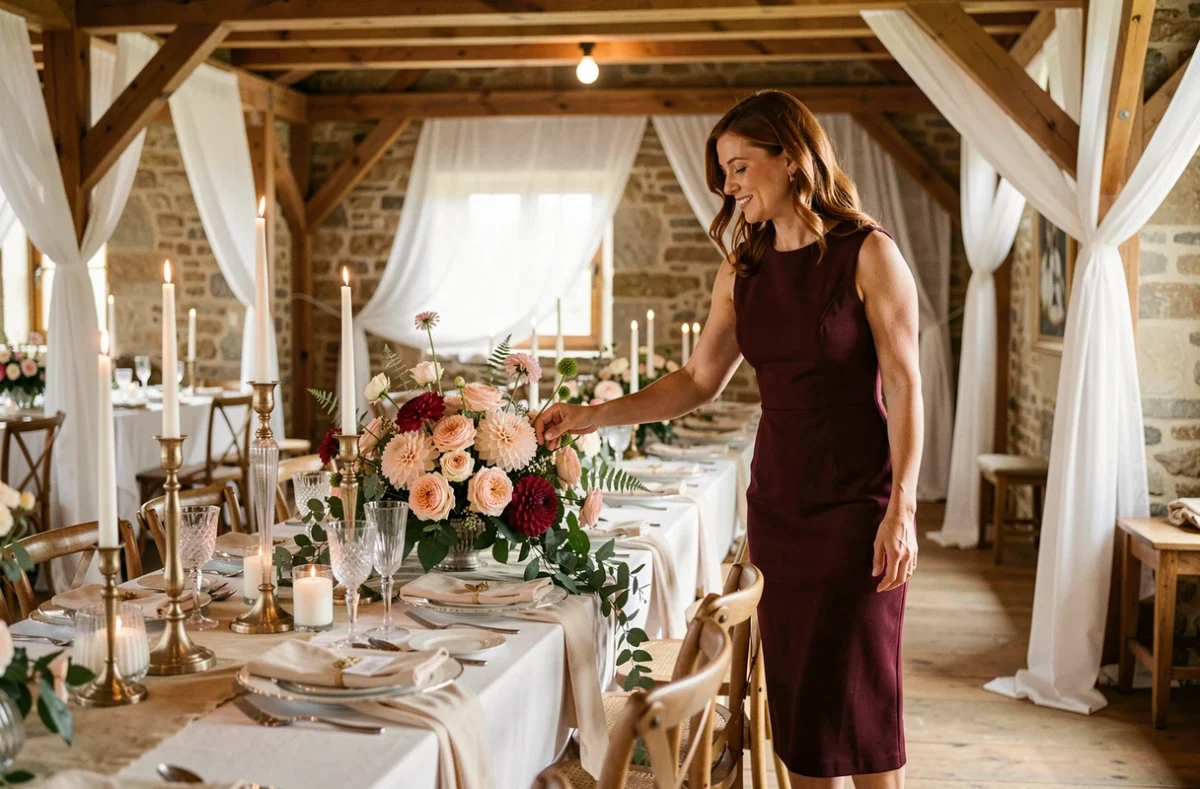 Wedding planner de Jolie Réception ajustant un centre de table floral dans une grange rénovée en Gironde pour une réception de mariage