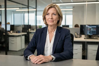 Journaliste professionnelle assise à un bureau dans une salle de rédaction moderne, portrait éditorial réaliste illustrant un article sur Maryse Burgot