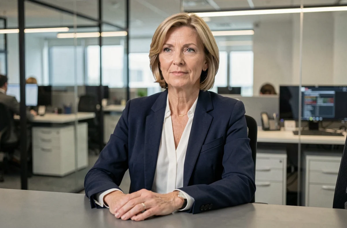 Journaliste professionnelle assise à un bureau dans une salle de rédaction moderne, portrait éditorial réaliste illustrant un article sur Maryse Burgot