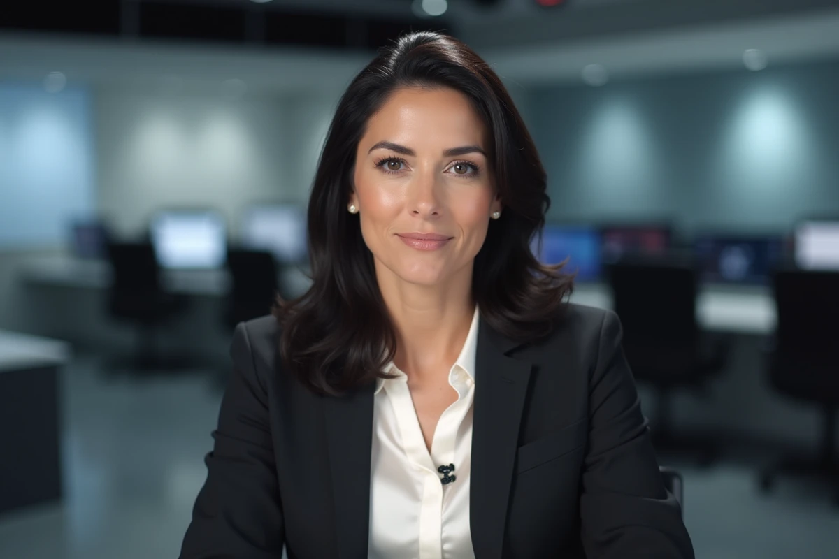 Journaliste politique femme assise dans un studio de télévision avec un air professionnel et posé