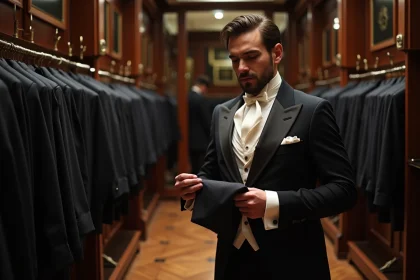 Homme en habit de mariage essayant un costume dans une boutique de location élégante à Paris