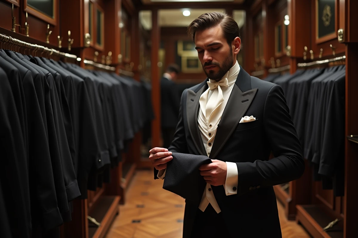 Homme en habit de mariage essayant un costume dans une boutique de location élégante à Paris