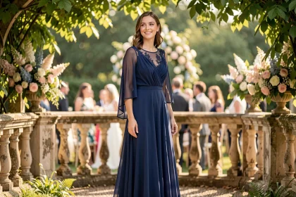 Femme en longue robe de soirée bleu marine lors d'un mariage en jardin, tenue élégante qui ne vole pas la vedette à la mariée