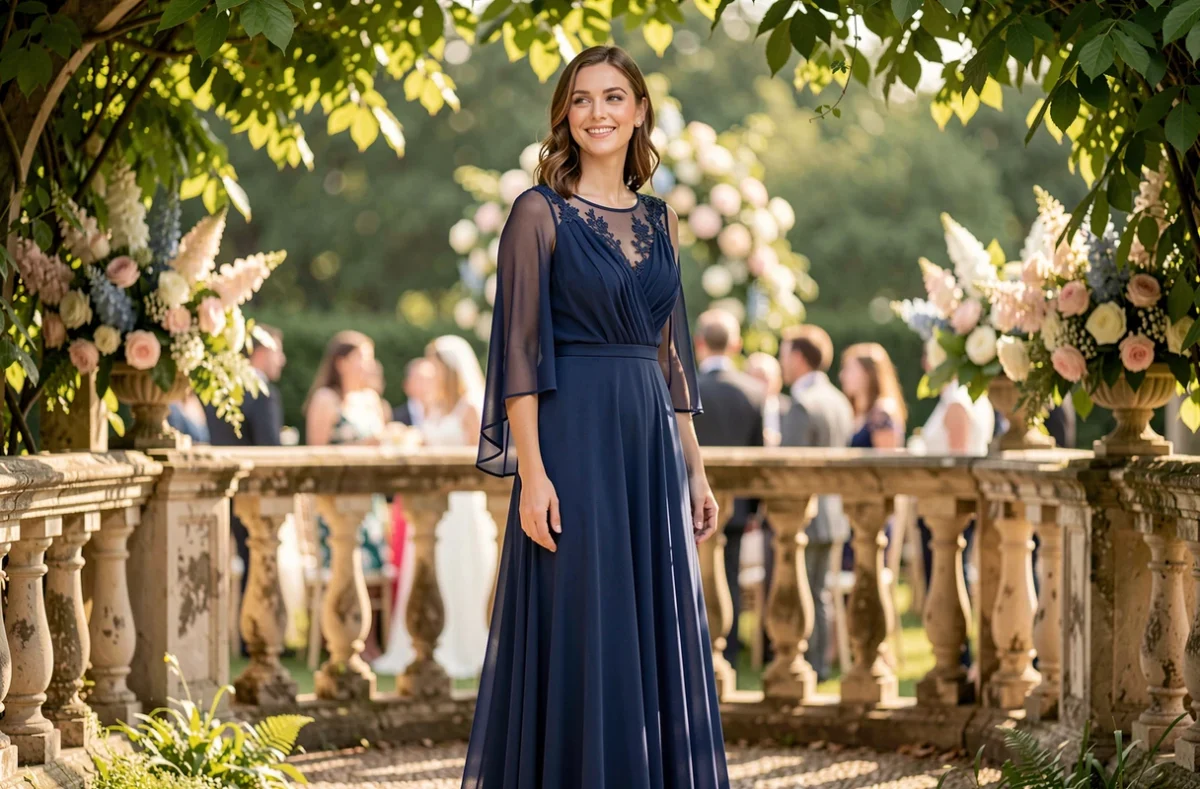 Femme en longue robe de soirée bleu marine lors d'un mariage en jardin, tenue élégante qui ne vole pas la vedette à la mariée