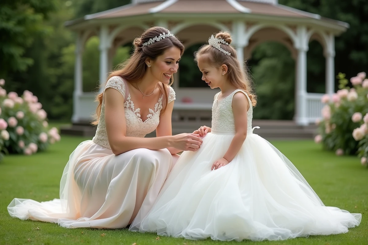 Maman et fille en robes de mariage dans un jardin fleuri