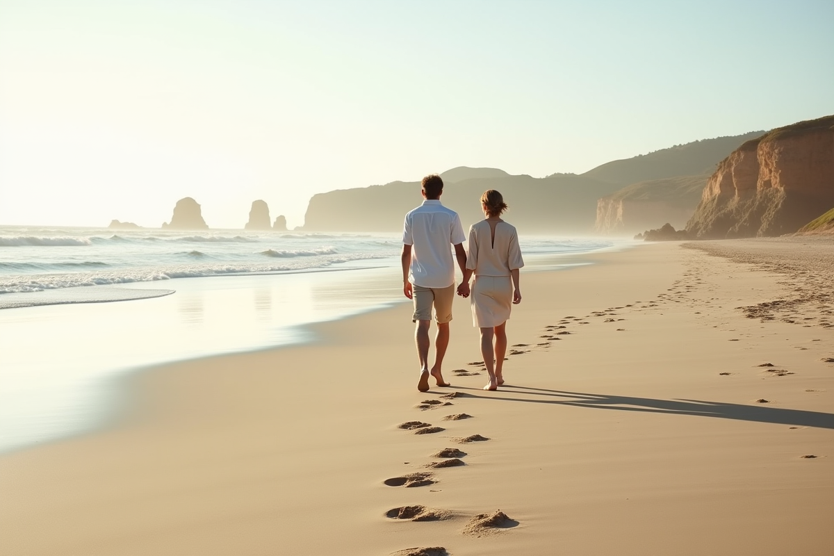 Jeunes mariés marchant sur la plage avec des empreintes dans le sable