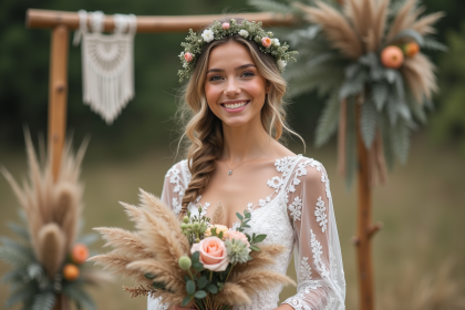 Jeune mariée bohème avec couronne de fleurs et bouquet