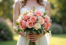 Mariée élégante tenant un bouquet coloré de mariage