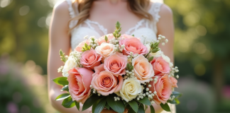 Mariée élégante tenant un bouquet coloré de mariage