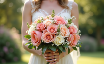 Mariée élégante tenant un bouquet coloré de mariage