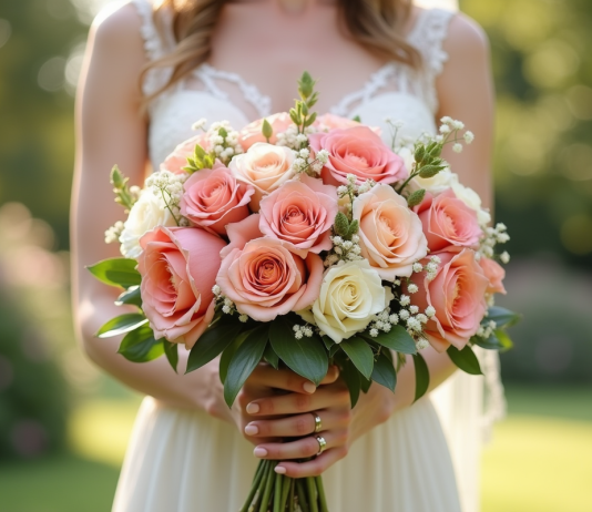 Mariée élégante tenant un bouquet coloré de mariage