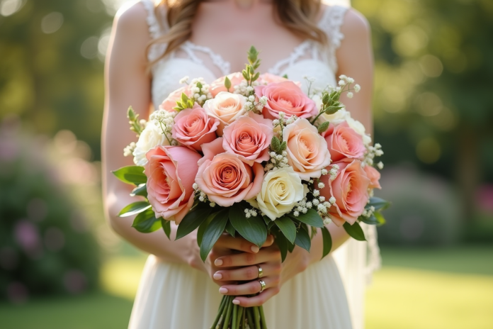 Mariée élégante tenant un bouquet coloré de mariage