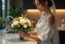 Jeune femme en robe de mariée ivoire avec bouquet en cuisine