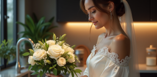 Jeune femme en robe de mariée ivoire avec bouquet en cuisine