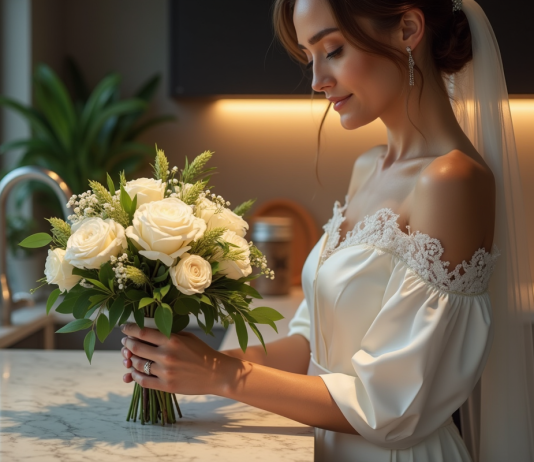 Conserver fraîcheur bouquet mariage nuit : astuces pratiques et efficaces Jeune femme en robe de mariée ivoire avec bouquet en cuisine