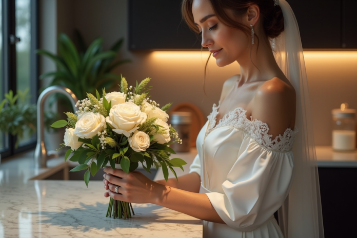 mariage-bouquet-robe-ivory Jeune femme en robe de mariée ivoire avec bouquet en cuisine