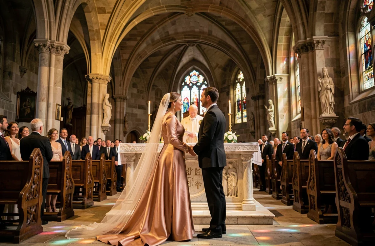 Mariage catholique religieux dans une église en pierre avec couple devant le prêtre et autel sculpté