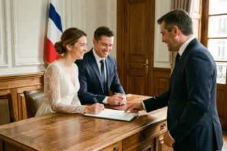 Couple signant leur mariage civil en mairie devant un officier d'état civil, cérémonie laïque officielle