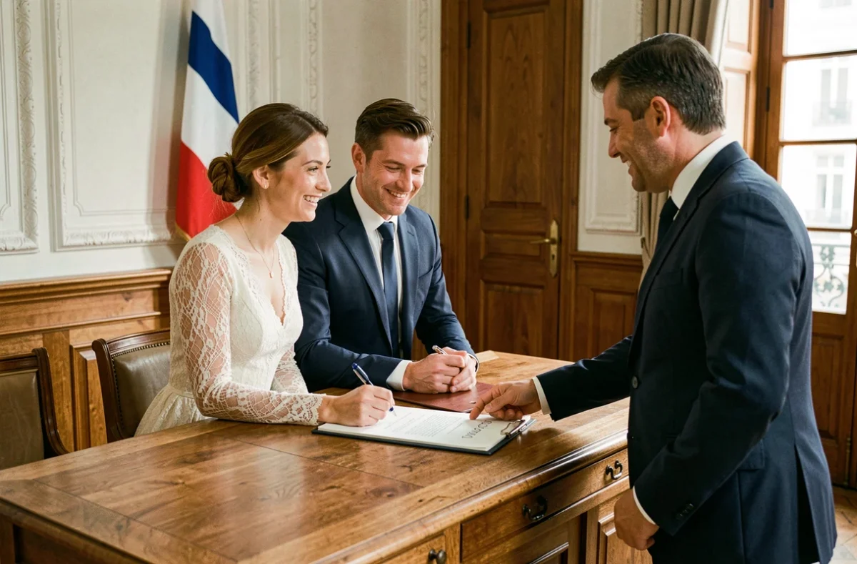 Couple signant leur mariage civil en mairie devant un officier d'état civil, cérémonie laïque officielle