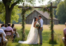 Jeune couple de mariés dans un cadre champêtre avec arche florale