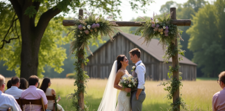 Jeune couple de mariés dans un cadre champêtre avec arche florale