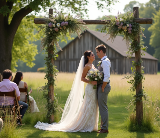 Jeune couple de mariés dans un cadre champêtre avec arche florale