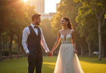 Couple marié heureux dans un parc ensoleille avec alliances visibles