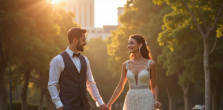 Couple marié heureux dans un parc ensoleille avec alliances visibles