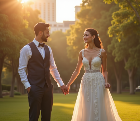 Couple marié heureux dans un parc ensoleille avec alliances visibles