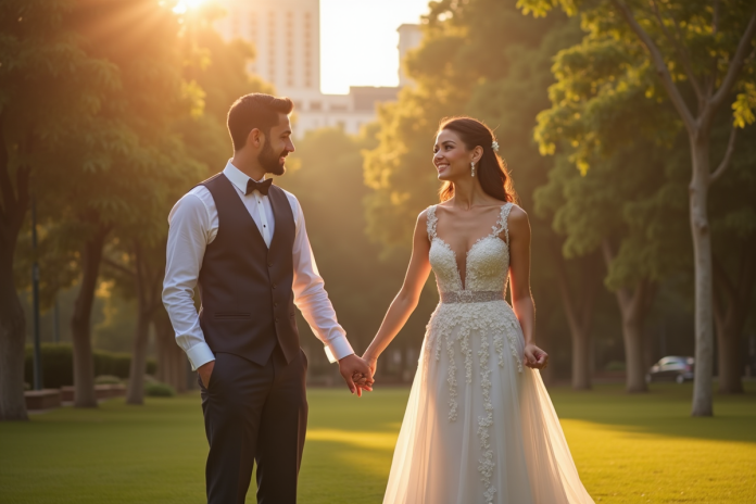 Couple marié heureux dans un parc ensoleille avec alliances visibles