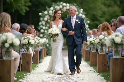 Mariée souriante marche avec son père dans un jardin de mariage