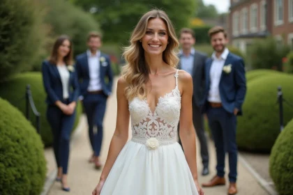 Mariée souriante dans un jardin lors d’un mariage