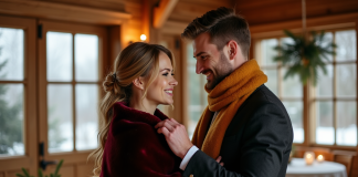 Mariage d’hiver : choisir la meilleure couleur pour un thème chaleureux Jeune couple de mariés en hiver ajustant leurs accessoires élégants