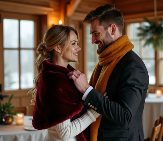Mariage d’hiver : choisir la meilleure couleur pour un thème chaleureux Jeune couple de mariés en hiver ajustant leurs accessoires élégants