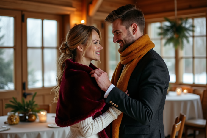 mariage-hiver-robe-bouclier Jeune couple de mariés en hiver ajustant leurs accessoires élégants