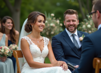 Animation mariage : réussir l’animation de votre cérémonie avec style ! Jeune couple de mariés riant lors d'une cérémonie en plein air