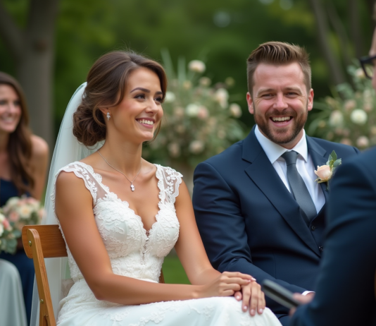 Animation mariage : réussir l’animation de votre cérémonie avec style ! Jeune couple de mariés riant lors d'une cérémonie en plein air